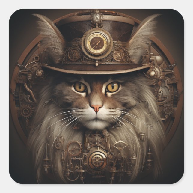 Pegatina Cuadrada Steampunk Cat (Anverso)