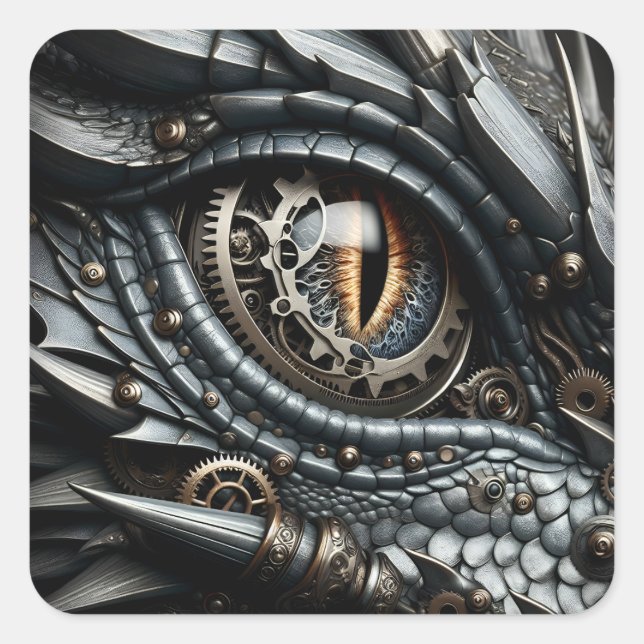 Pegatina Cuadrada Steampunk Dragon Oye Closeup Ai Art (Anverso)