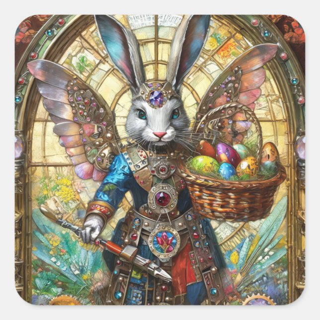 Pegatina Cuadrada Steampunk Easter Bunny Warrior Angel (Anverso)