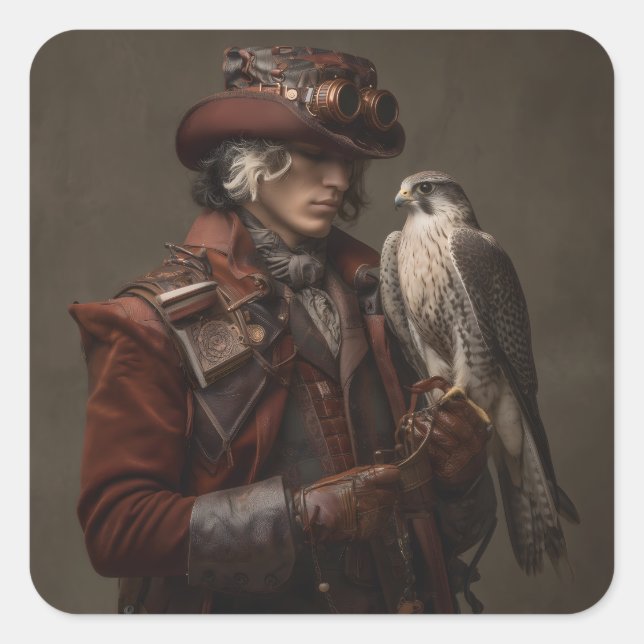 Pegatina Cuadrada Steampunk Falconer (Anverso)