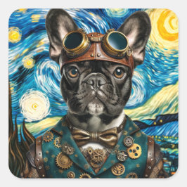 Pegatina Cuadrada Steampunk Frenchie en la noche estrellada