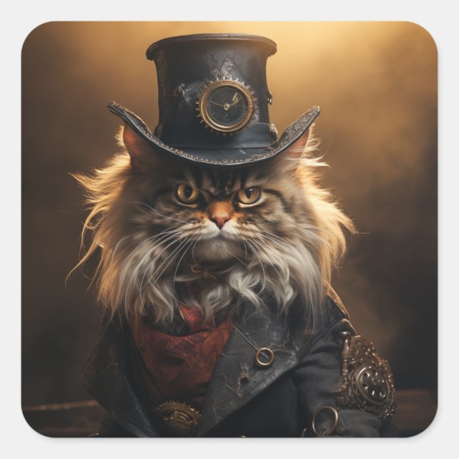 Pegatina Cuadrada Steampunk Grumpy Cat (Anverso)