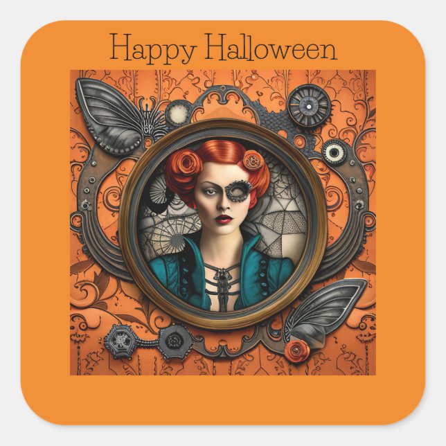 Pegatina Cuadrada Steampunk Halloween Mujer (Anverso)