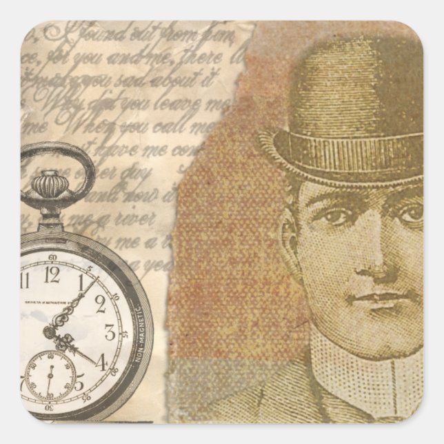Pegatina Cuadrada Steampunk Man Pocket Watch Bowler Gorra (Anverso)