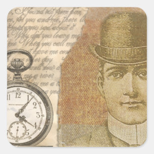 Pegatina Cuadrada Steampunk Man Pocket Watch Bowler Gorra