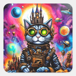 Pegatina Cuadrada Steampunk Space Cat I