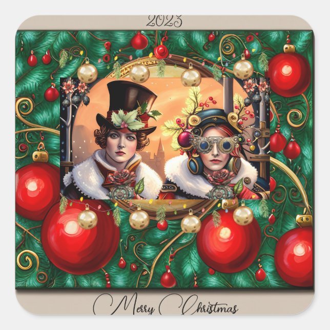 Pegatina Cuadrada Steampunk Two Hearts Navidades (Anverso)