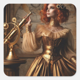 Pegatina Cuadrada Steampunk Victorian Gold Astronomer