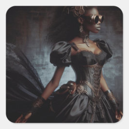 Pegatina Cuadrada Steampunk Vintage Victoria Lady Black Raven
