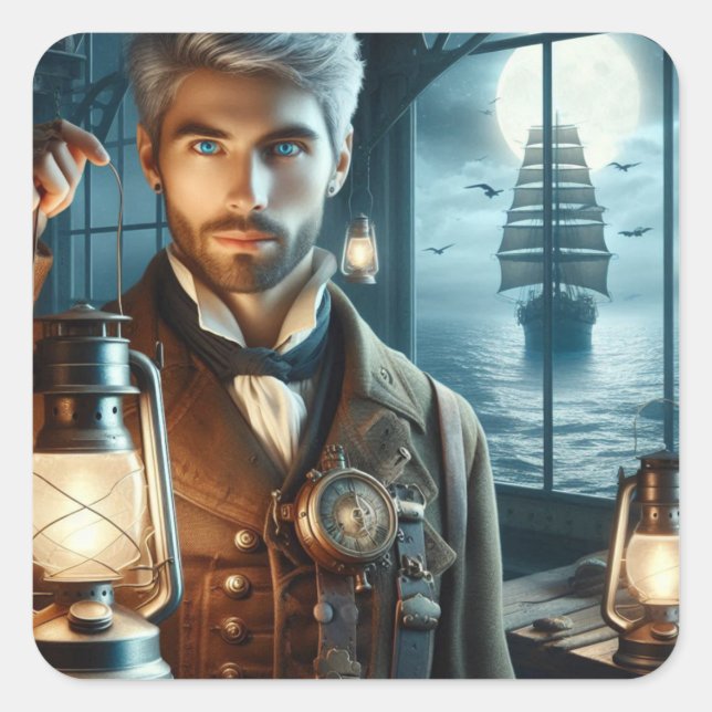 Pegatina Cuadrada Steampunk Vintage Victorian Lighthouse Keeper (Anverso)