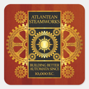 Pegatina Cuadrada Steamworks de la Atlántida - oro y cuero en la
