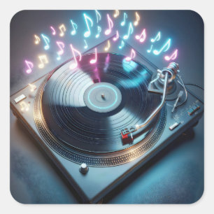 Pegatina Cuadrada Stereo Turntable Con Notas Del Neon
