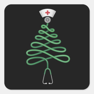 Pegatina Cuadrada Stethoscope Árbol de Navidad Enfermera Bata de Nav