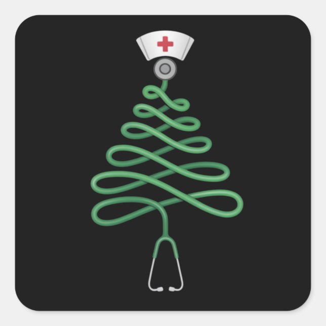 Pegatina Cuadrada Stethoscope Árbol de Navidad Enfermera Bata de Nav (Anverso)