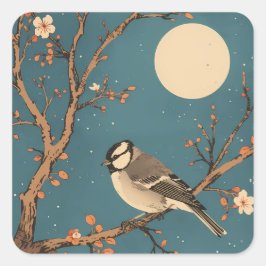 Pegatina Cuadrada Sticker Carré Moonlit Bird on Blossom Branch