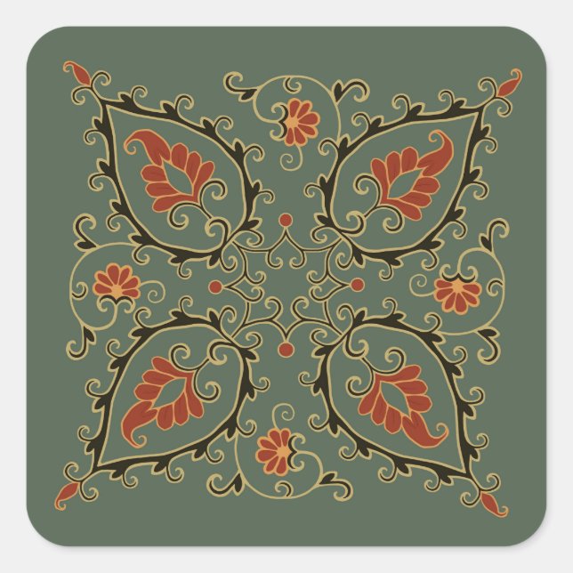 Pegatina Cuadrada Stickers with velvet green Uzbek design (Anverso)