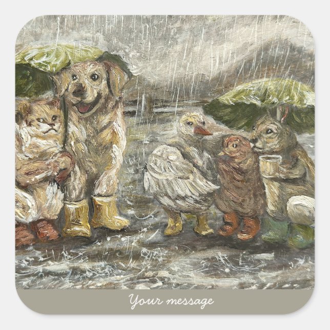 Pegatina Cuadrada Still Together Whimsical Farmhouse Animals Rainy  (Anverso)