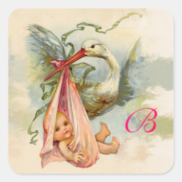 PEGATINA CUADRADA STORK BABY SHOWER MONOGRAM ,