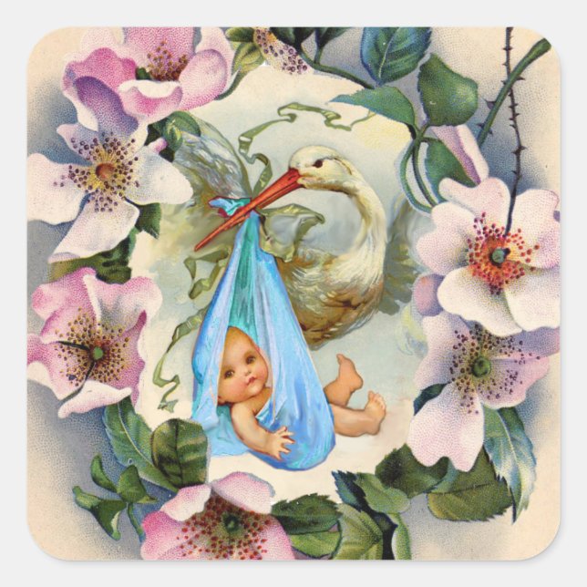 PEGATINA CUADRADA STORK BOY BABY SHOWER CROWN CON ROSAS DE PINK WILD (Anverso)