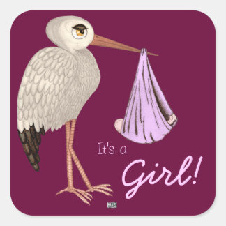 Pegatina Cuadrada Stork clásico (rosa) (Baby Shower)