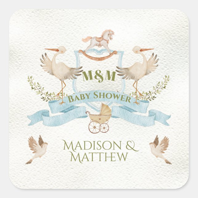 Pegatina Cuadrada Stork Escudo Watercolor Baby Boy Shower (Anverso)