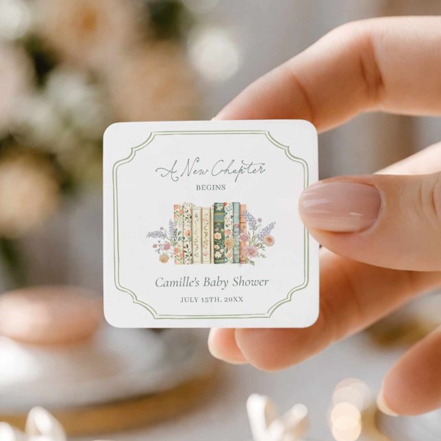 Pegatina Cuadrada Storybook Baby Shower A New Chapter Favor (A New Chapter baby shower square sticker)