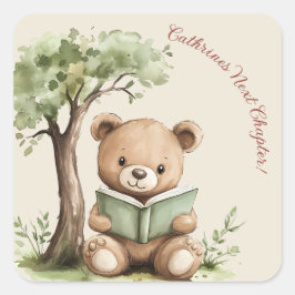 Pegatina Cuadrada Storybook Bear Tree Beige Baby Shower Sticker