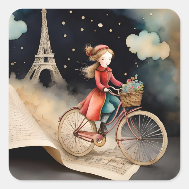 Pegatina Cuadrada Storybook Watercolor Paris Bicicleta (Anverso)