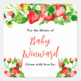 Pegatina Cuadrada Strawberries and Daisies Baby Shower Bookplate
