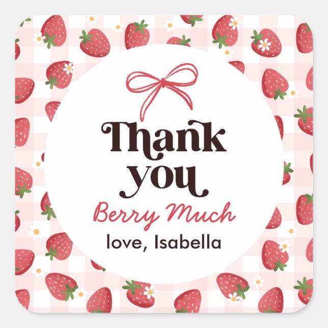 Pegatina Cuadrada Strawberry Baby Shower Thank You (Anverso)