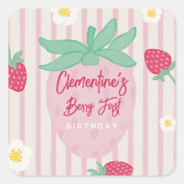 Pegatina Cuadrada Strawberry Berry First Birthday Sticker