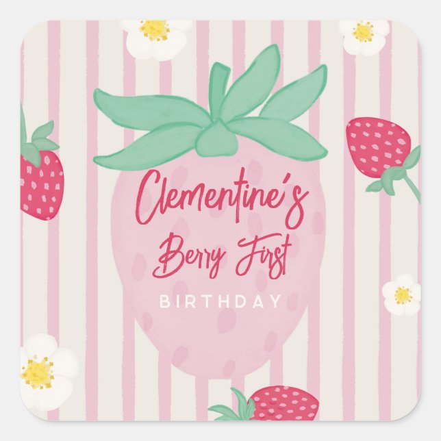 Pegatina Cuadrada Strawberry Berry First Birthday Sticker (Anverso)