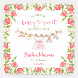 Pegatina Cuadrada Strawberry Berry Sweet Clothesline Baby Shower