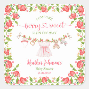 Pegatina Cuadrada Strawberry Berry Sweet Clothesline Baby Shower