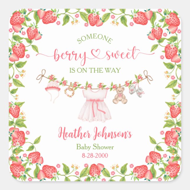 Pegatina Cuadrada Strawberry Berry Sweet Clothesline Baby Shower (Anverso)