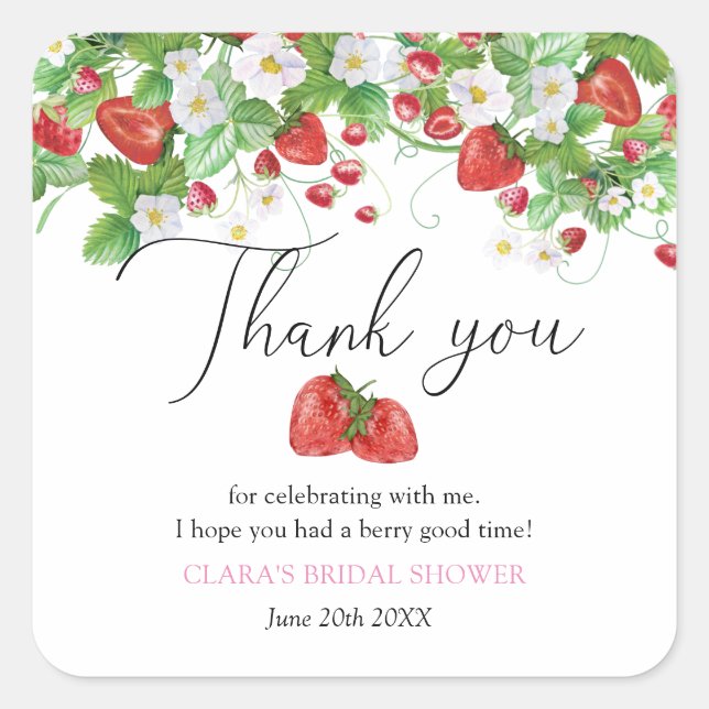 Pegatina Cuadrada Strawberry Bridal Shower (Anverso)