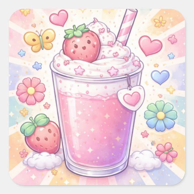 Pegatina Cuadrada Strawberry Dreams Milkshake (Anverso)