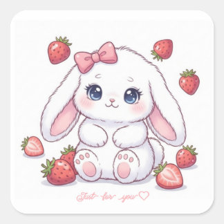 Pegatina Cuadrada Strawberry Gaze Bunny - Cute Anime Eyes & Ribbon 
