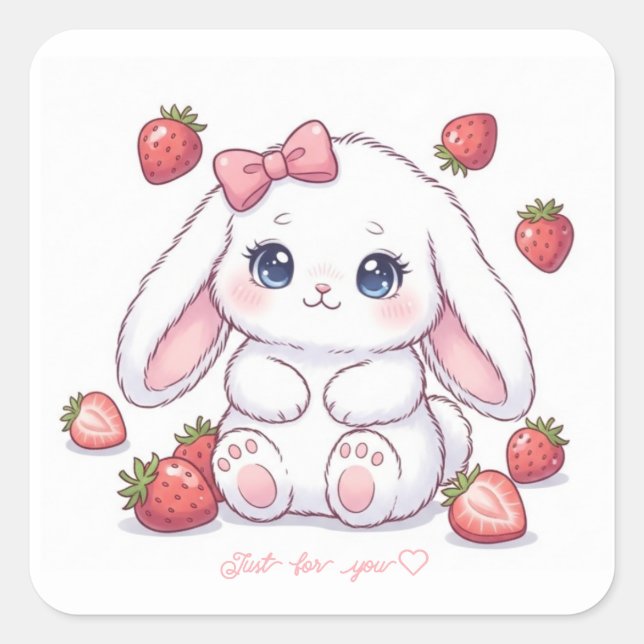 Pegatina Cuadrada Strawberry Gaze Bunny - Cute Anime Eyes & Ribbon  (Anverso)