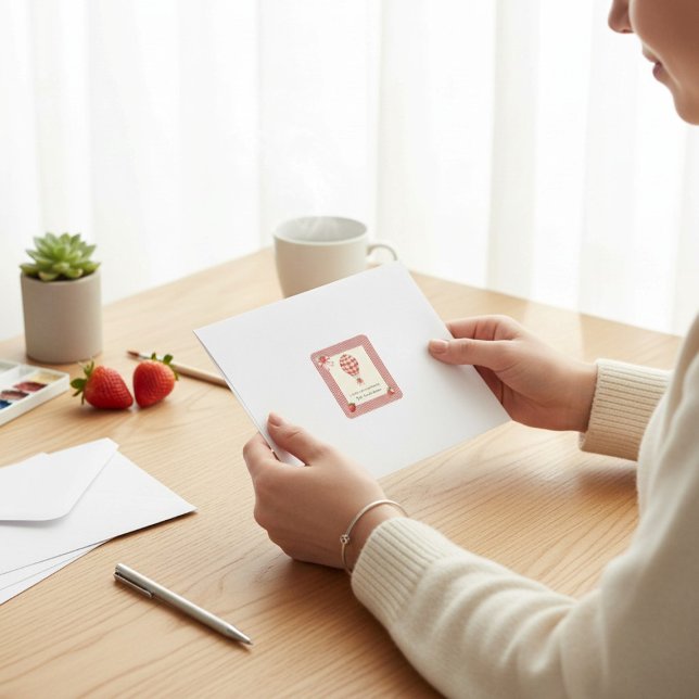 Pegatina Cuadrada Strawberry Gingham Hot Air Balloon Baby Shower (Subido por el creador)