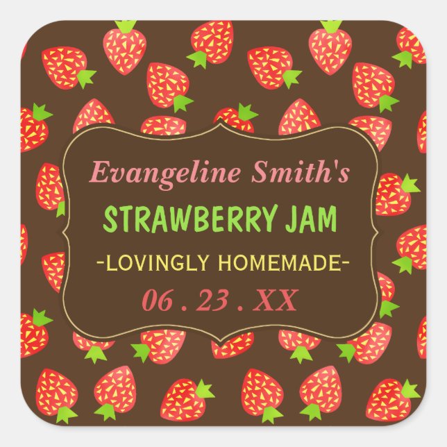 Pegatina Cuadrada Strawberry Jam Jar Bonito Personalizado Strawberri (Anverso)