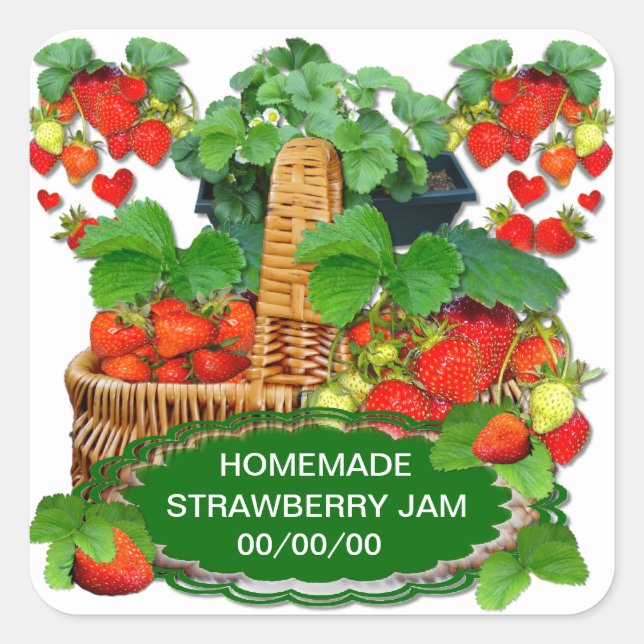 Pegatina Cuadrada Strawberry Jam Personalizado Texto (Anverso)
