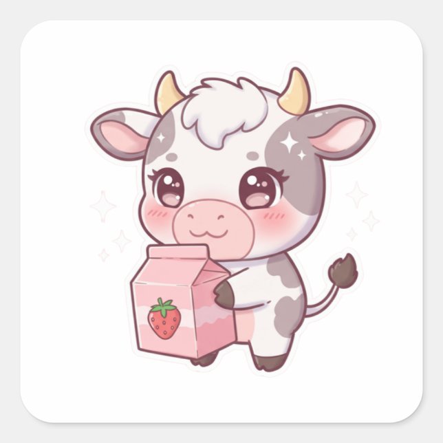 Pegatina Cuadrada Strawberry Milk Cow – Kawaii Vibes Only! (Anverso)