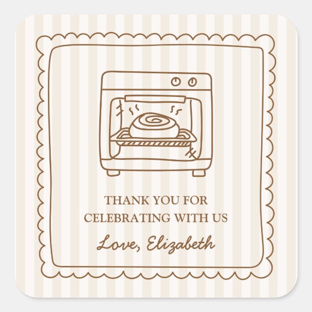 Pegatina Cuadrada Stripe Bun in the Oven Baby Shower Thank You Favor (Anverso)
