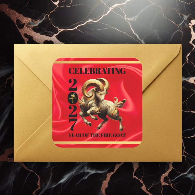 Pegatina Cuadrada Stunning Red Gold Chinese Year of Fire Goat 2027 (Stunning Chinese Year of the Fire Goat 2027 Square Sticker Cover Photo)