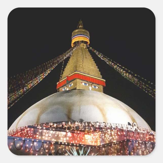 Pegatina Cuadrada Stupa Boudhanath, Katmandú de noche - Nepal (Anverso)