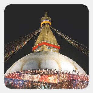 Pegatina Cuadrada Stupa Boudhanath, Katmandu en la noche - Nepal