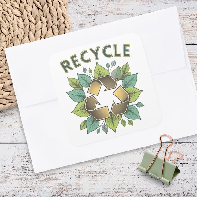 Pegatina Cuadrada Stylish Green & Faux Gold Recycle Symbol Leaves (A stylish retro sticker with the word 'Recycle', with faux gold recycling logo and green leaves)