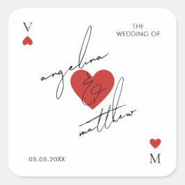 Pegatina Cuadrada Stylish Script Playing Card Casino Vegas Wedding