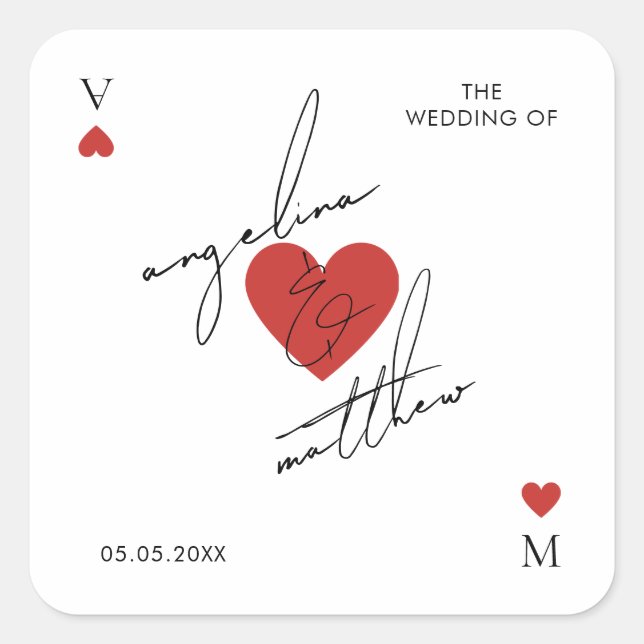 Pegatina Cuadrada Stylish Script Playing Card Casino Vegas Wedding (Anverso)
